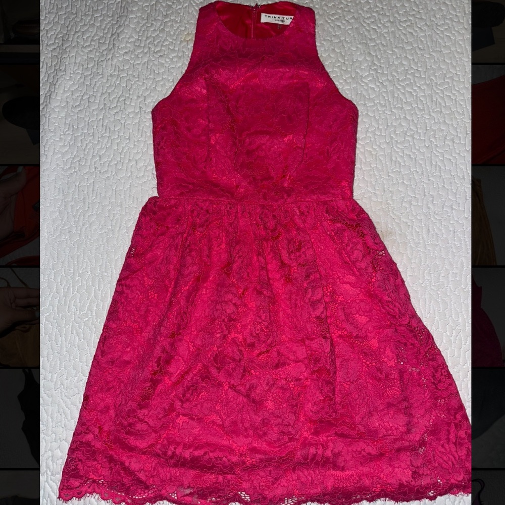 Trina Turk pink lace high neck dress. Size S.